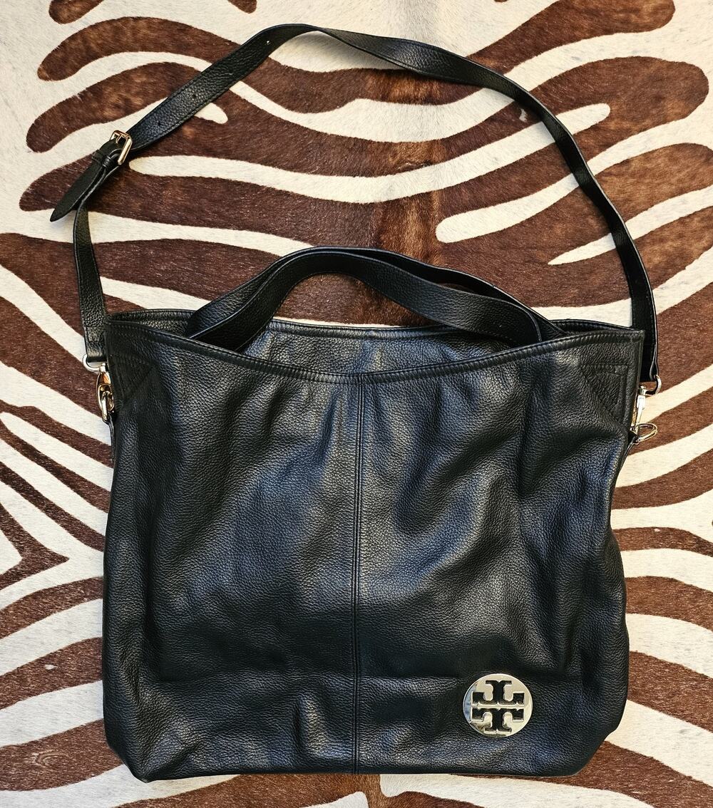 Tory Burch Hobo Bag Black Pebbled Leather Shoulder Tote